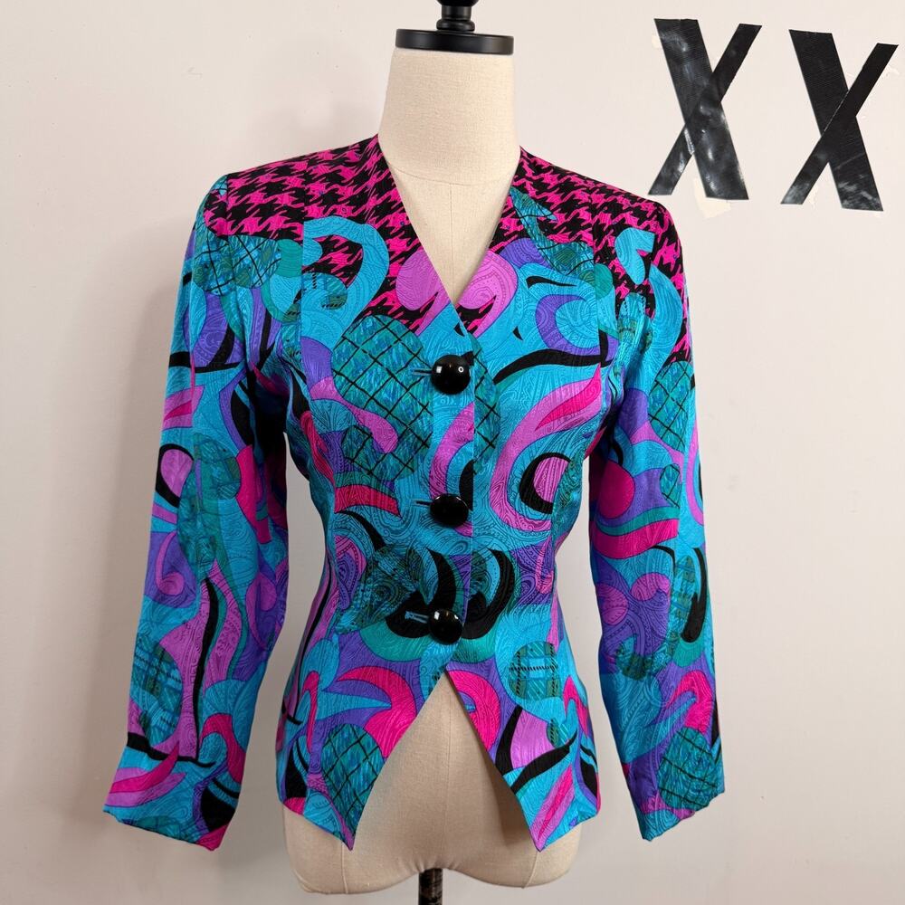 80s Anne Crimmins 100% Silk Abstract Print Shoulder Pad Peplum Blazer Jacket 4